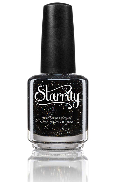 Neutrino by Starrily, jet black base with silver holographic and warm gold glitter particles visible through bottle glass, bottle standalone product shot