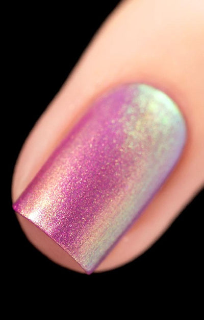 Aphrodite by Starrily, macro close-up of magenta-pink shimmer shifting to mint green with golden particle glints