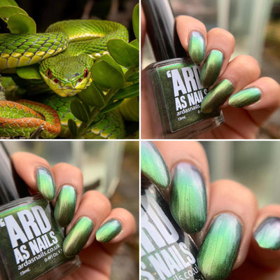 Bamboo Viper by 'Ard As Nails, deep olive-to-bright-yellow-green-to-gold multichrome with linear metallic shimmer, in lifestyle setting