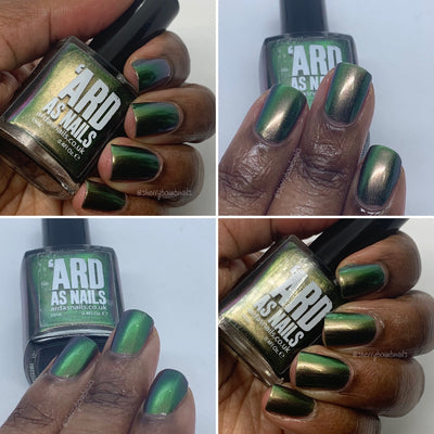 Bamboo Viper by 'Ard As Nails, bronze-gold multichrome shifting green to gold to dark bronze, bottle held in a rich hand