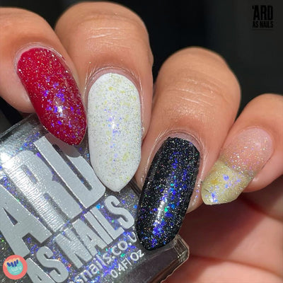 Neptune by 'Ard As Nails, iridescent flakie topper with blue-purple-green shift on dark bases and gold on white, layering demo over red, white, black, and bare nail