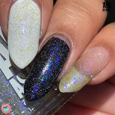 Neptune by 'Ard As Nails, chameleon holo flakie topper with blue-purple flakes over black, gold-to-purple flakes over white, and mixed shimmer on bare nail, layering demo