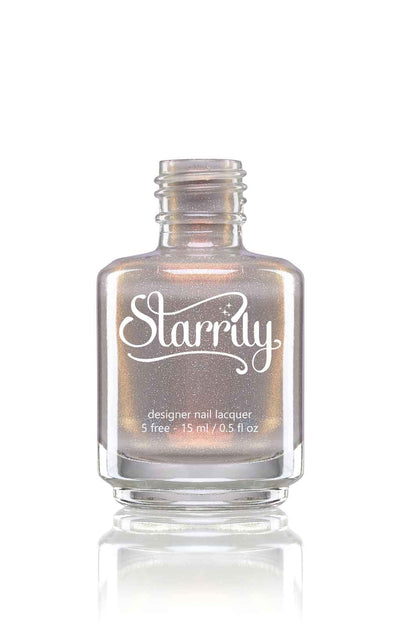 Moon Glow by Starrily, grey creme with warm copper shimmer and subtle holographic micro flecks, bottle standalone product shot