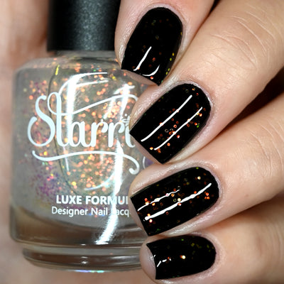 Firefly Jar (Limited Edition) by Starrily, clear flakie topper showing orange, green, and gold multichrome flakes over a black creme, layering demo