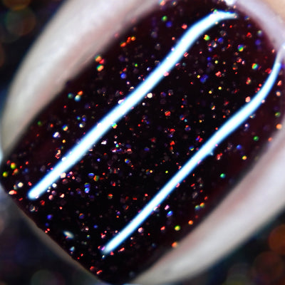 Protostar by Starrily, macro close-up of dense copper micro glitter with multichromatic red, blue, green, and orange holographic sparks in deep red-brown base