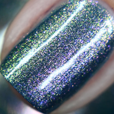 Sleepy Hollow by Starrily, macro close-up of dense color-shifting shimmer flashing pink, purple, blue, and yellow-green over a deep forest green base