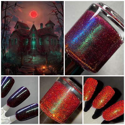 Murder Manor by Dam Nail Polish, deep maroon base with red, gold reflective glitter and green-blue shimmer under direct flash, in collection group shot