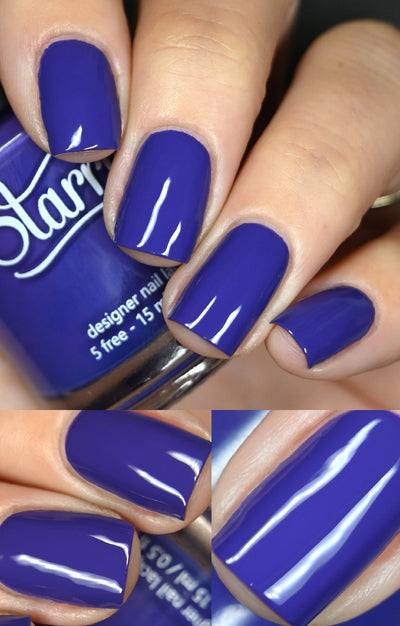 Gravity by Starrily, vivid blue-leaning medium purple creme, collage of three views on a light-medium skin tone hand