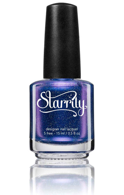Violet Twilight by Starrily, deep blue-violet holographic shimmer with pale micro-fleck highlights and violet edge shift, bottle standalone product shot