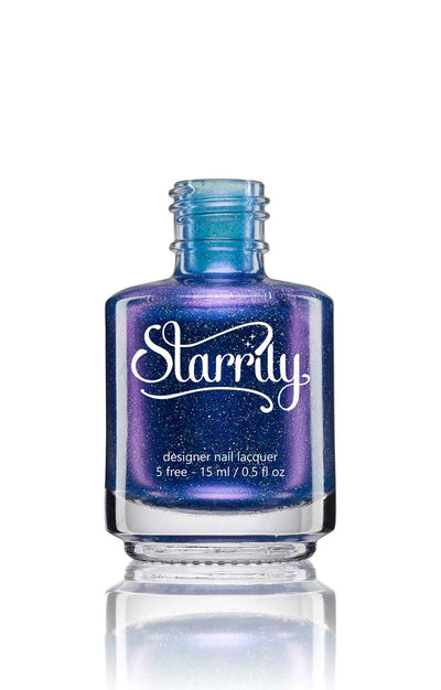 Violet Twilight by Starrily, deep blue-violet holographic shimmer showing blue-to-purple microflake shift, uncapped bottle standalone product shot