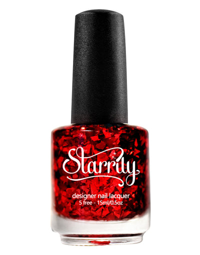 Rose Petals by Starrily, chunky ruby red metallic flakes densely packed in a deep red jelly base, bottle standalone product shot