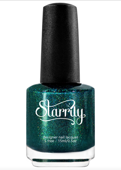 Quantum Energy by Starrily, deep emerald-to-peacock green linear holographic with rainbow spectral scatter, bottle standalone product shot