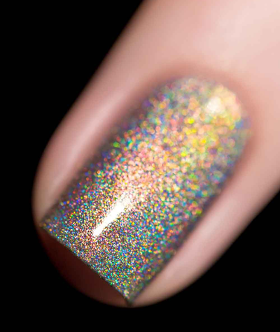 Moon Beam by Starrily, holographic shimmer mid-shift from coppery orange to green with ultra-sparkle, macro close-up of the Holodescent color shift