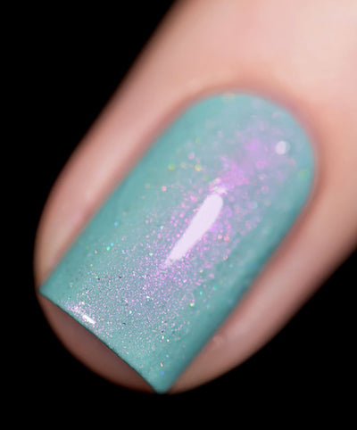 Clockwork Roses by Starrily, macro close-up of dense pink-purple shimmer particles and scattered holographic micro flecks over a soft seafoam blue-green creme base