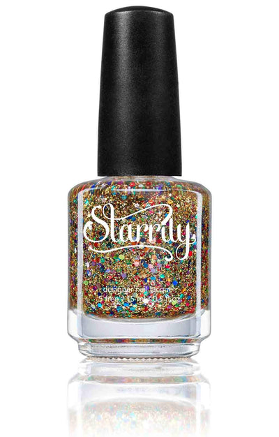 Christmas Lights by Starrily, clear glitter topper with gold micro-glitter and multicolor rainbow chunky hex particles, bottle standalone product shot
