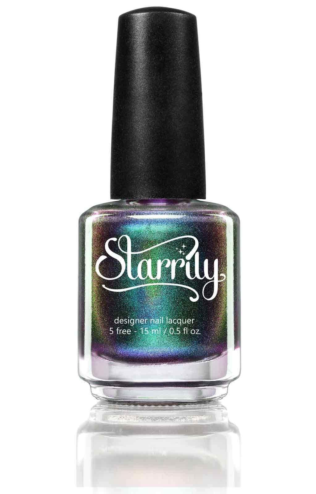 Dark Energy by Starrily, holographic multichrome magnetic with forest green to purple to navy blue spectral shift, bottle standalone product shot