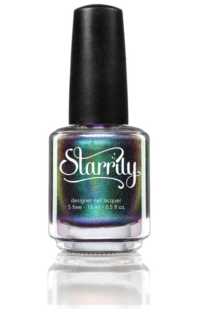 Dark Energy by Starrily, holographic multichrome magnetic with forest green to purple to navy blue spectral shift, bottle standalone product shot