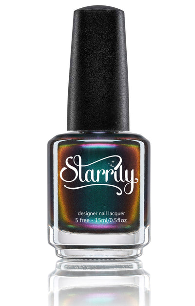 Death Wish by Starrily, multichrome shifting from deep forest green through copper-gold to purple across the bottle face, bottle standalone product shot