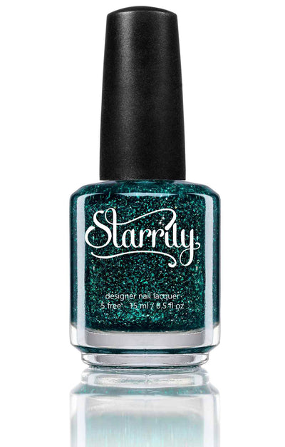 Everest by Starrily, deep teal-green holographic jelly showing bright holo flakes through bottle glass, bottle standalone product shot