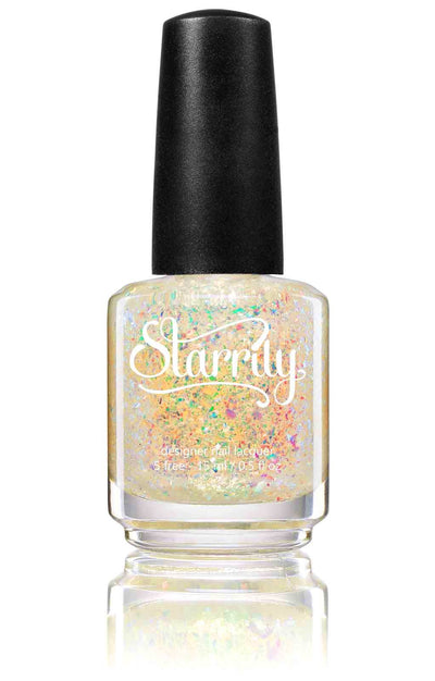 Unicorn by Starrily, sheer warm cream jelly base with large irregular rainbow-shifting flakies in pink, green, blue, and orange, bottle standalone product shot