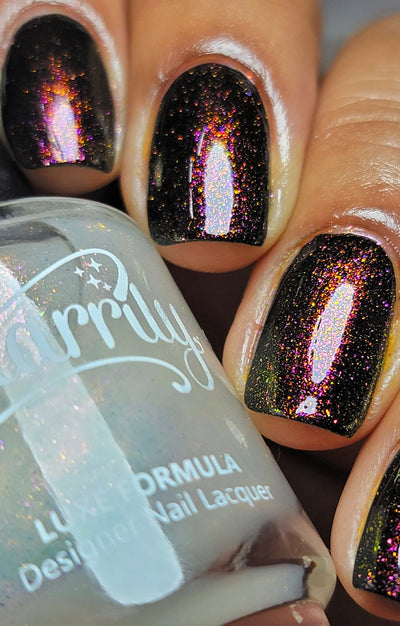 Zephirine by Starrily, multichrome shimmer topper mid-shift from pink-purple to orange-copper layered over black, layering demo