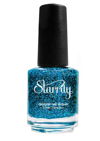 Blitzen by Starrily, vivid teal-blue jelly base packed with assorted cyan and deep blue holographic micro-glitter, bottle standalone product shot