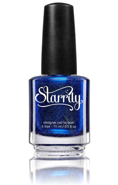 Heart of the Ocean by Starrily, deep sapphire blue holographic with golden micro-flake glint, bottle standalone product shot