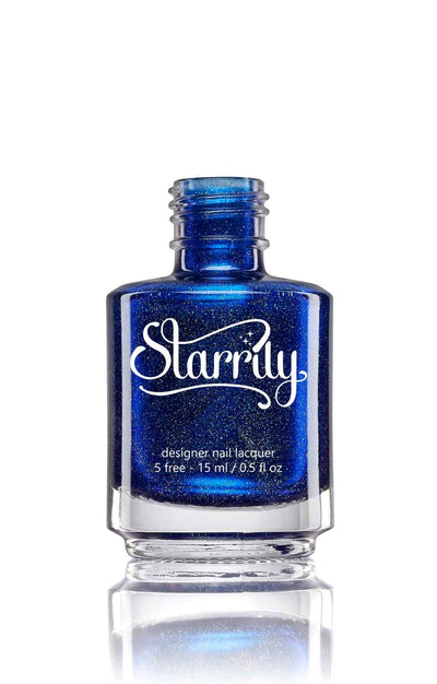 Heart of the Ocean by Starrily, vivid sapphire blue holographic with gold micro-fleck scatter throughout, bottle standalone product shot