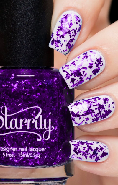 Amethyst by Starrily, purple glitter topper with vivid violet foil-shard flakes layered over white creme, layering demo