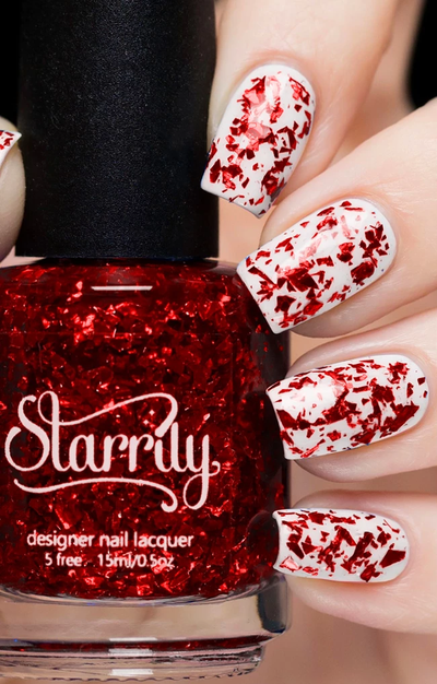 Ruby by Starrily, dense crimson metallic foil flakes in clear topper base layered over white creme, layering demo