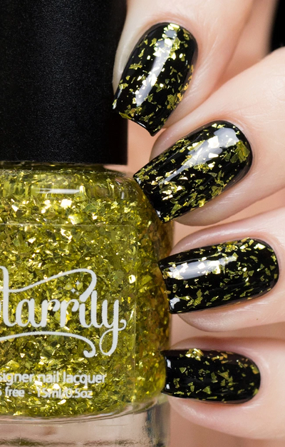 Sphene by Starrily, yellow-gold metallic flake glitter topper layered over black creme, layering demo