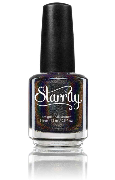 Black Magic by Starrily, deep black holographic glitter revealing copper, violet, and teal spectral shifts, bottle standalone product shot