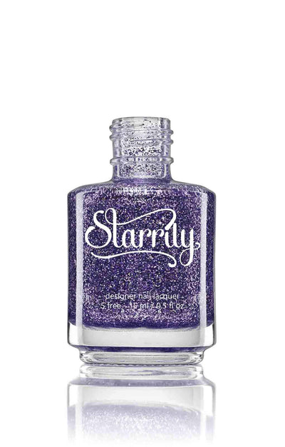 Damsel by Starrily, fine lilac and medium-purple holographic microglitter in clear base with silver sparkle, bottle standalone product shot