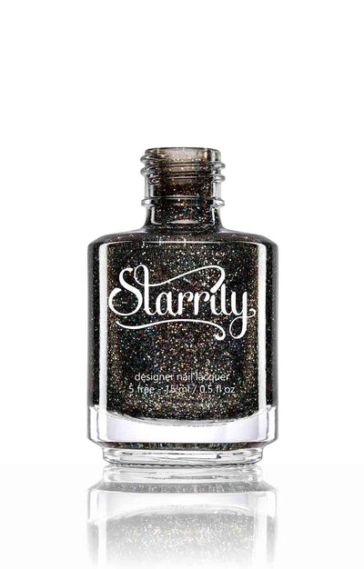 E=mc^2 by Starrily, deep charcoal grey jelly with golden and blue-toned micro holographic glitter scatter, bottle standalone product shot
