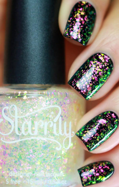 Enchanted by Starrily, pink-to-green multichrome flakie topper over black base showing vivid ultrachrome shard shift, layering demo