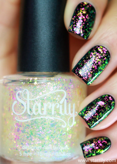 Enchanted by Starrily, pink, gold, and chartreuse-green color-shifting flakie topper layered over black base, layering demo