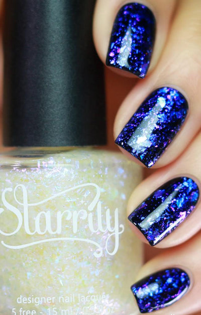 Patronus by Starrily, blue-to-purple multichrome flakie topper over black showing vivid indigo and violet flakie shards, layering demo