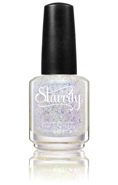 Patronus by Starrily, sheer milky base densely packed with blue and lavender color-shifting flakies, bottle standalone product shot