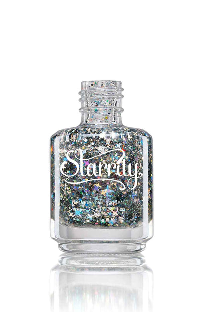 Starry Night by Starrily, holographic glitter topper with chunky star-shaped glitters and mixed-size multicolor iridescent particles in a sheer base, bottle standalone product shot