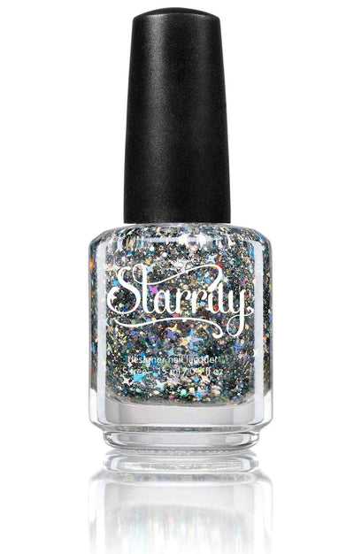 Starry Night by Starrily, clear topper base packed with star-shaped holo glitters and fine silver iridescent microglitter showing full-spectrum sparkle, bottle standalone product shot