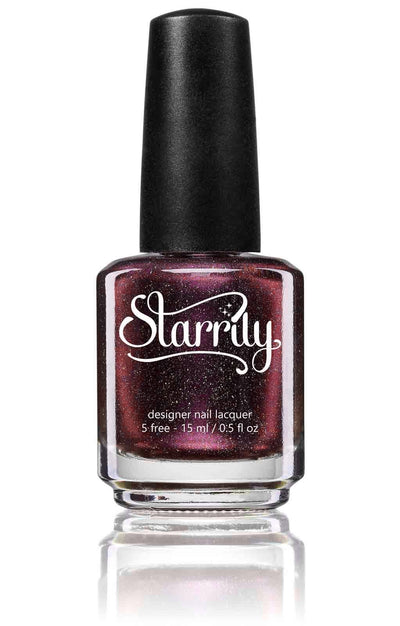 True Blood by Starrily, deep maroon-burgundy holographic with warm gold micro flakes and plum shimmer, bottle standalone product shot